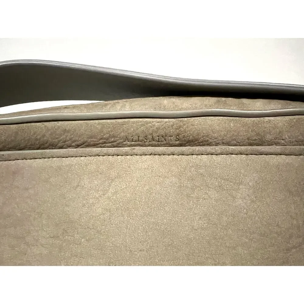 All Saints Crossbody Purse Shoulder Camera Bag Leather Taupe Gray Stitching